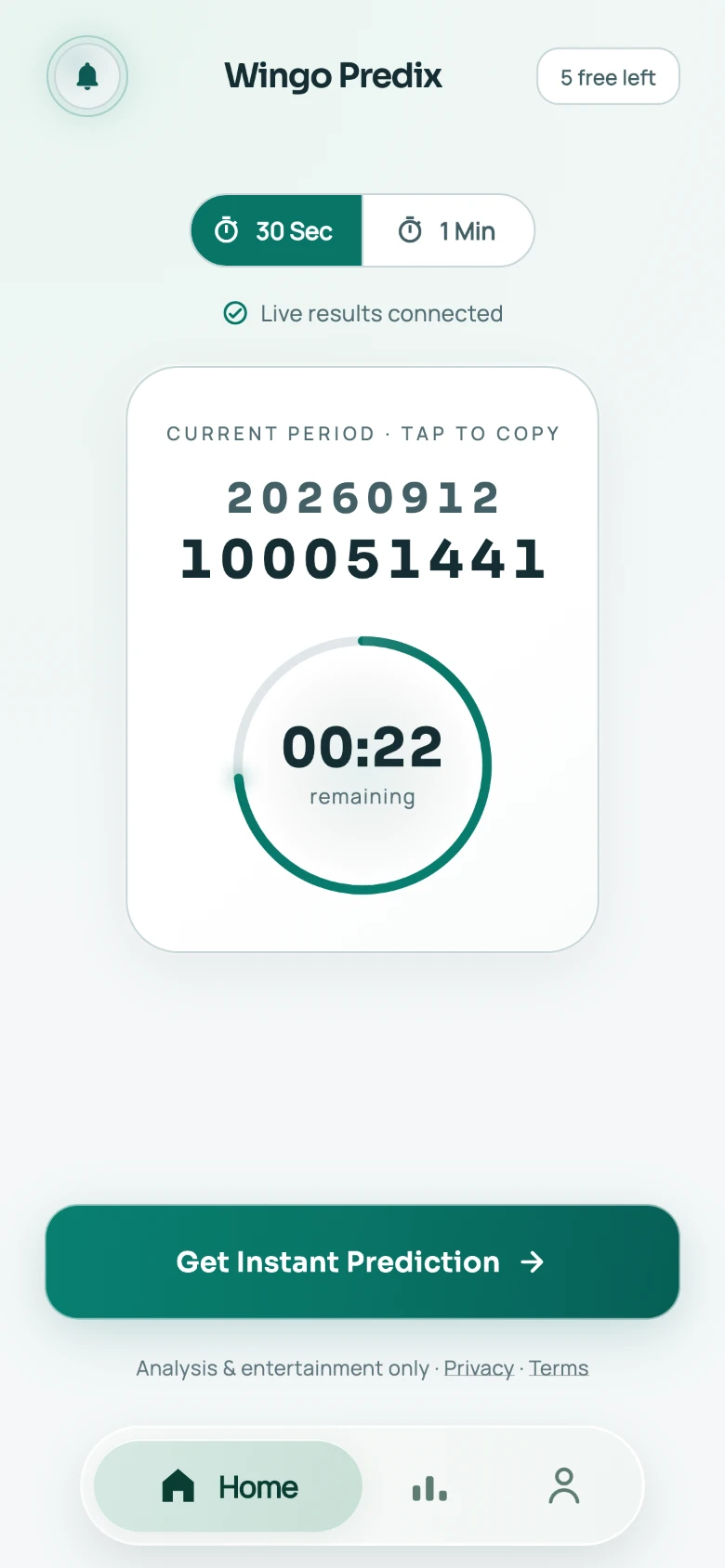 Light Home screen with period timer and prediction button