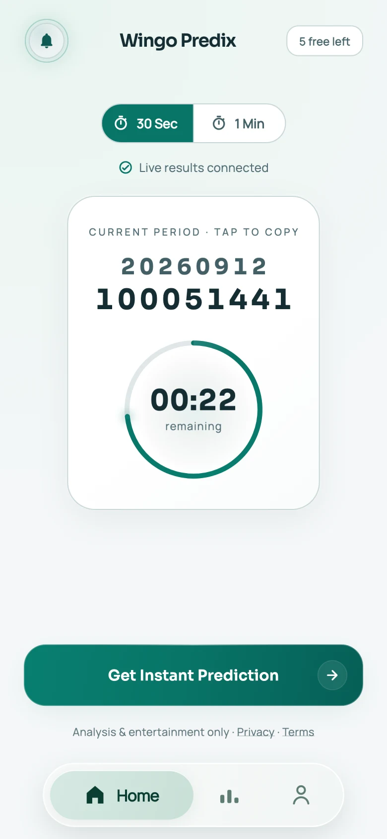 Light Home screen with period timer and prediction button