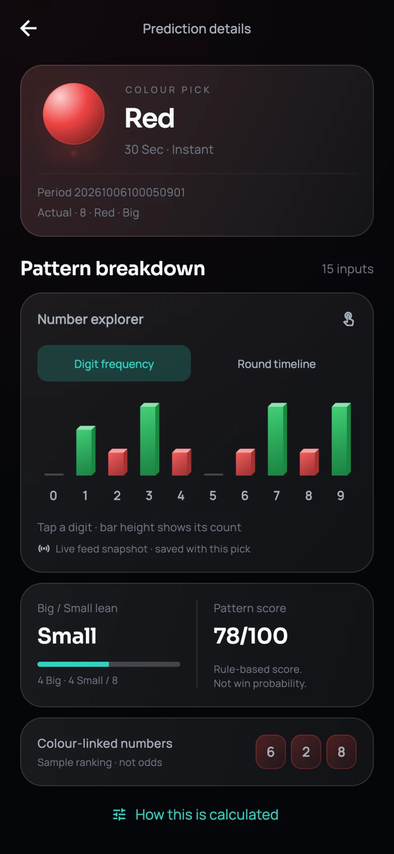 Dark Pro details for a red Instant pick with its settled live result and number chart